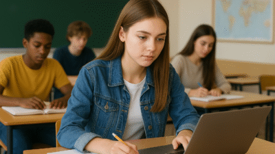 Students in a French high school classroom studying with books and laptops.