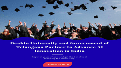 Graduates celebrating by tossing caps in the air with banner announcing Deakin University and Government of Telangana AI innovation partnership in India