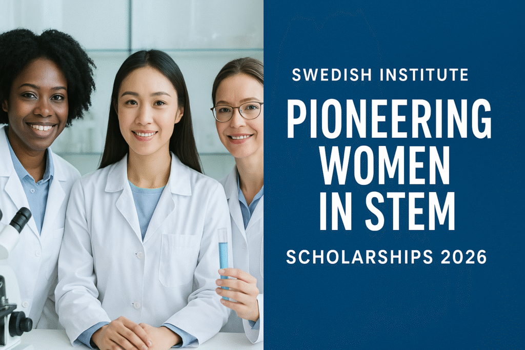 Smiling international women scientists with lab equipment symbolizing the Swedish Institute Pioneering Women in STEM Scholarships 2026.