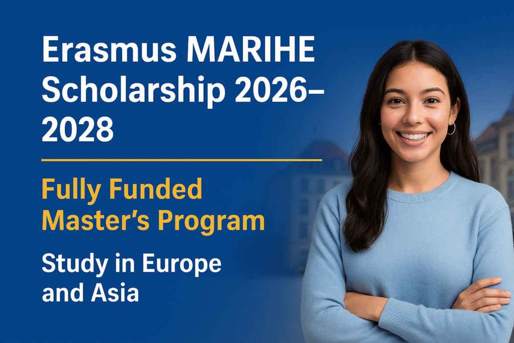 Smiling student standing confidently in front of a university building, promoting the Erasmus MARIHE Scholarship 2026–2028, a fully funded master’s program in Europe and Asia.