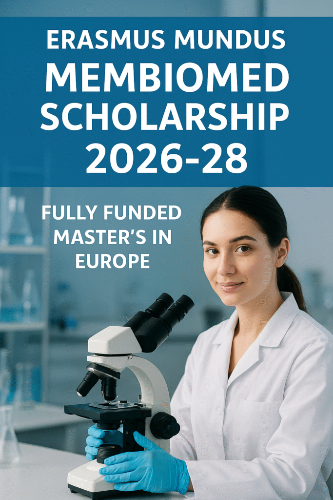 Female researcher in lab coat using microscope -Erasmus Mundus MemBioMed Scholarship 2026-28, fully funded master’s in Europe.
