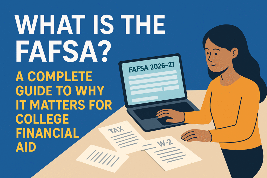 Student completing the FAFSA 2026–27 form online with documents on a desk