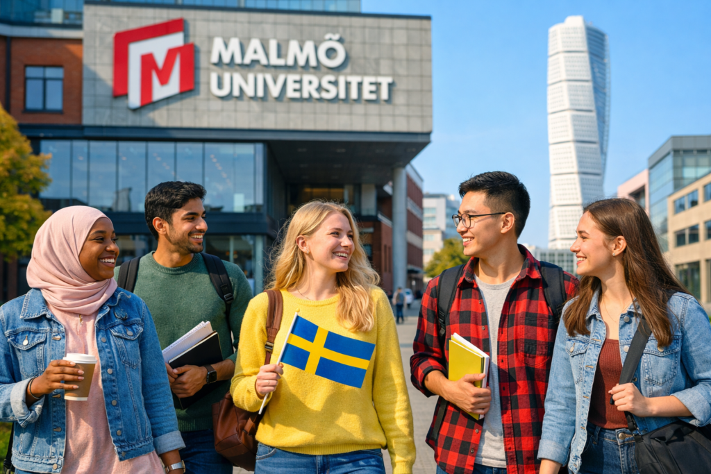 Alt Text: International students studying at Malmö University campus in Sweden