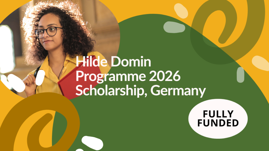 A student holding books and wearing glasses stands confidently in a university hallway, promoting the Hilde Domin Programme 2026 Fully Funded Scholarship in Germany.