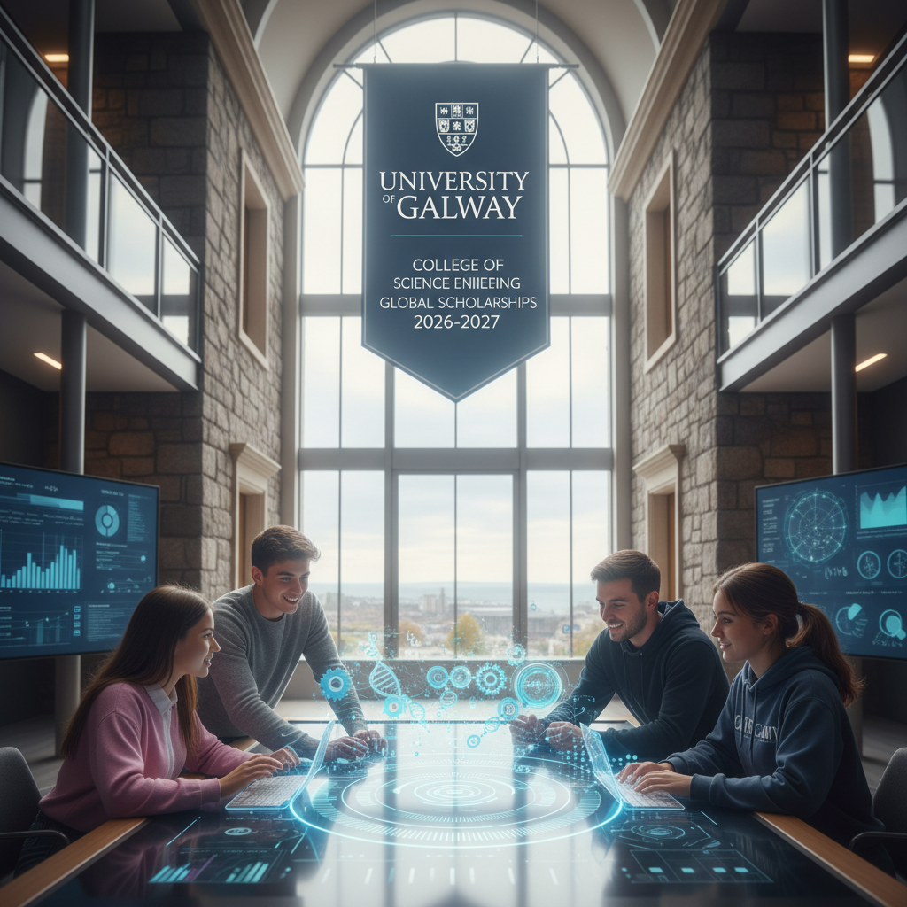International students at the University of Galway campus representing the Global Scholarships 2026–2027 program.